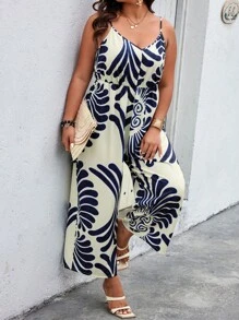 SHEIN LUNE Kích thước lớn Của phụ nữ In thực vật Dây đeo Mì Ý  Áo liền quần - Màu xanh lam - Xem 5