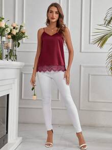 SHEIN Clasi 女士純色蕾絲拼接背心上衣 - 酒紅色 - 查看 4