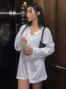 DAZY 纯色宽松纽扣前襟半襟落肩长袖 T 恤，秋季服装 - 白色 - 查看 5