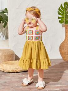 SHEIN Baby Girl's Casual Vacation Colorful Crochet Patchwork Ruffle Hem Spaghetti Strap Dress - Yellow - View 4