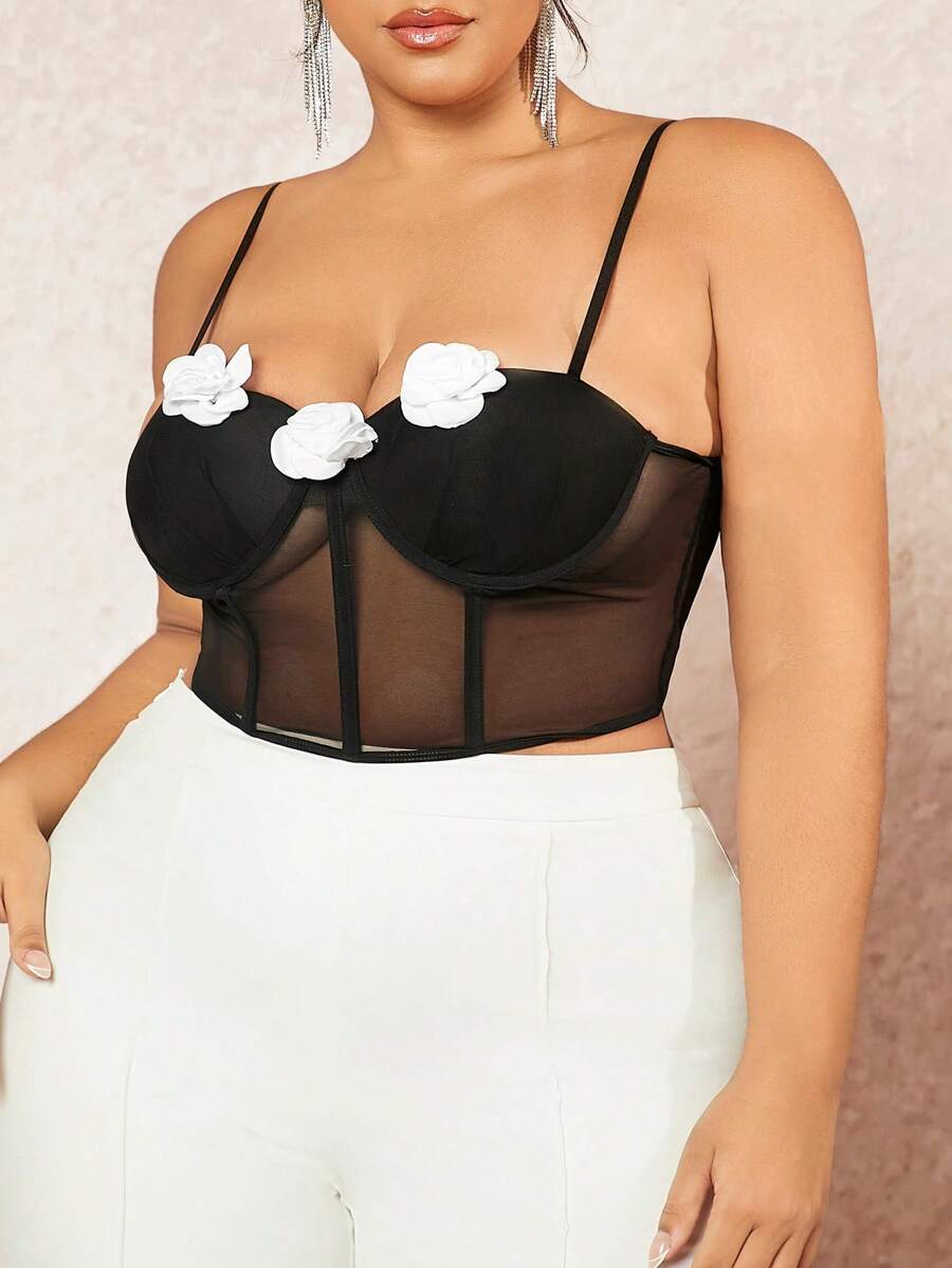 SHEIN BAE Plus Size Color Block 3d Flower Rosette Contrast Mesh Corset Camisole - Black and White - View 1