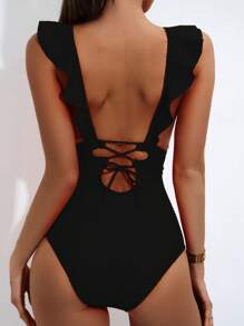 SHEIN Swim Traje De Baño De Una Pieza Con Volantes De Color Sólido Para Mujer - Negro - Ver 2