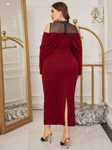 Modelyn Plus Size Mesh Splice Off Shoulder Neck Slit Bodycon Dress Maxi Women Outfit Long Evening Dresses