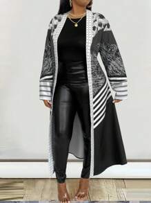 Maweii Plus Size Long Sleeve Open Front Jacket - Multicolor - View 1