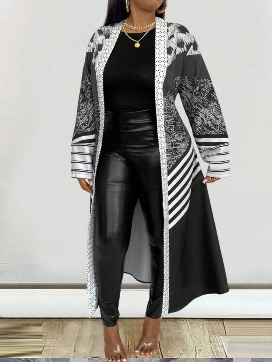 Maweii Plus Size Long Sleeve Open Front Jacket - Multicolor - View 1