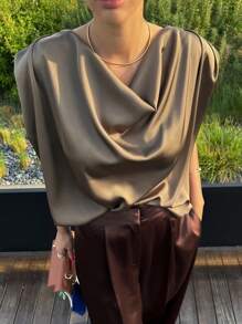 DAZY Women's Sleeveless Solid Color Lapel Elegant Business Casual Blouse, Autumn Summer Tank Tops