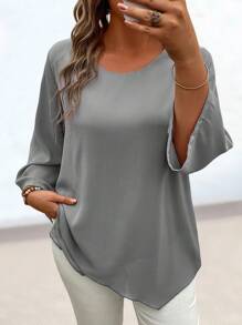 EMERY ROSE Hơn Chất rắn Viền không đối xứng Áo sơ mi - Xám - Xem 3