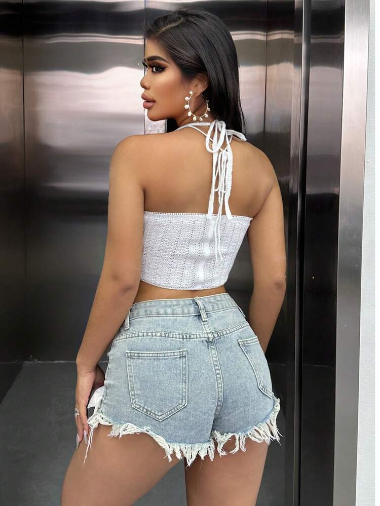Solid Color Crossed Strap Knitted Crop Top With Halter Neck