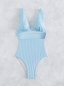 SHEIN Swim Summer Beach Striped Plunging One-Piece Swimsuit - Blue and White - View 4