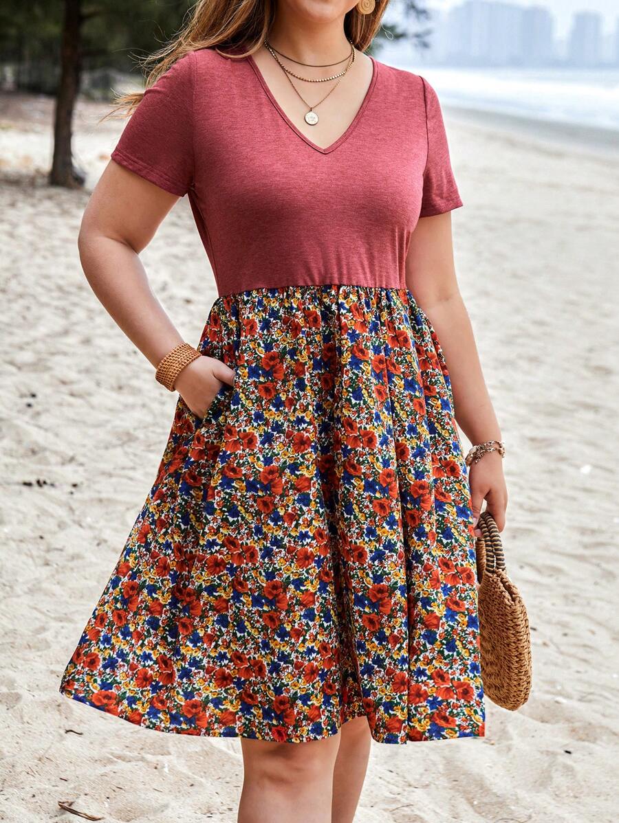 EMERY ROSE Vestido De Manga Corta Con Estampado Floral En Talla Grande Para Mujeres Con Parche De Tela - Rojo - Ver 1