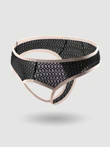 男士無縫邊縫花邊丁字褲 - 黑色 - 查看 1