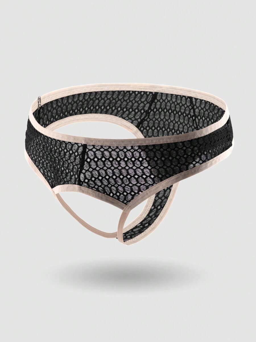 男士無縫邊縫花邊丁字褲 - 黑色 - 查看 1