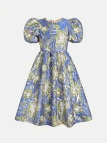 Tween Girl Cute Round Neck Puff Sleeve Short Sleeve Jacquard Dress - Blue - View 1