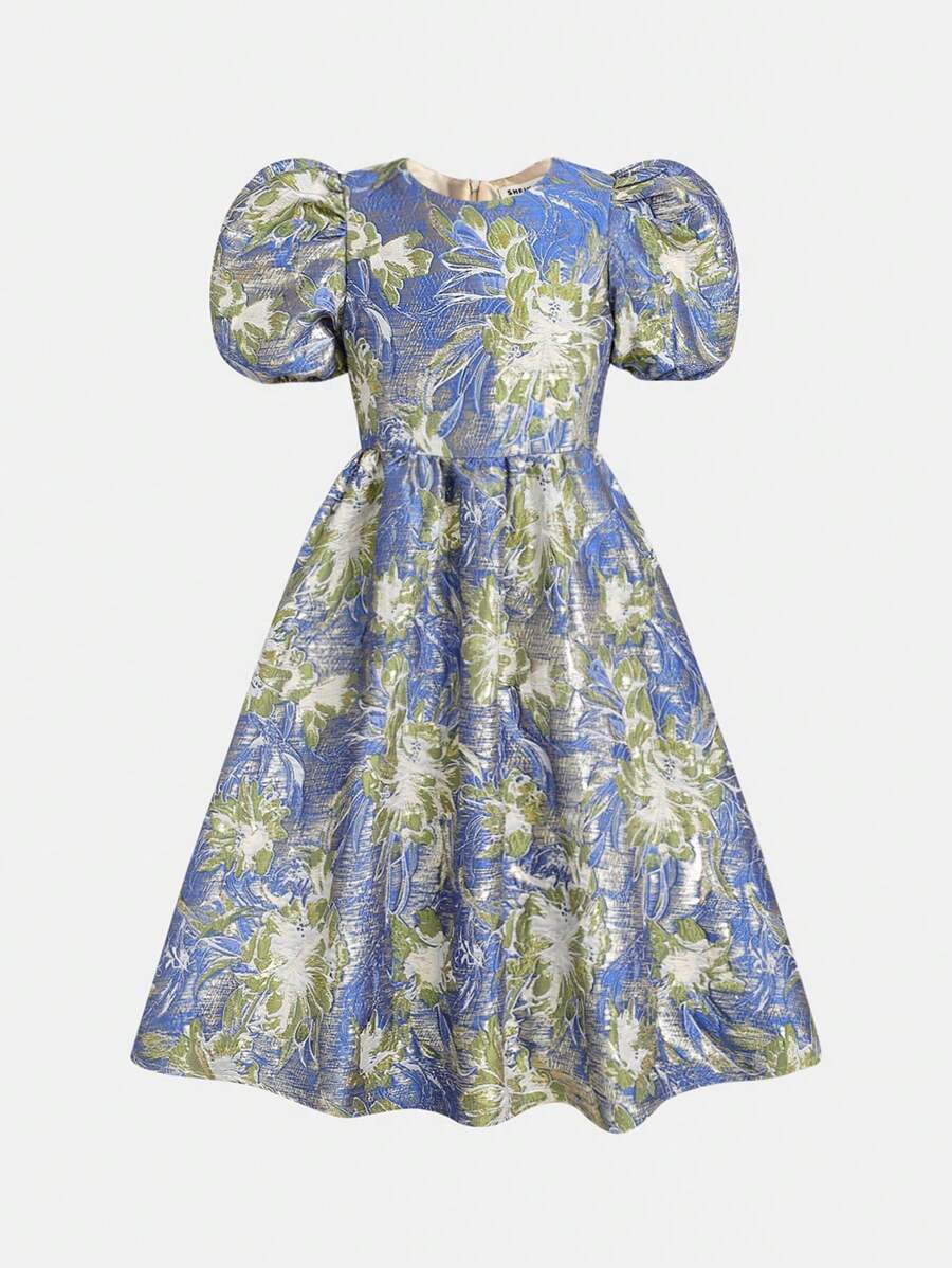 Tween Girl Cute Round Neck Puff Sleeve Short Sleeve Jacquard Dress - Blue - View 1