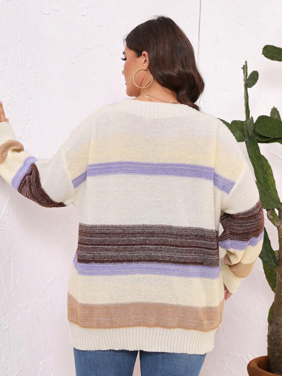 Plus Size Color Block Striped Drop Shoulder Sweater Knit Pullover Fall Winter