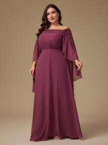 Plus Size Off Shoulder Ruched Waist Tie Long Bridesmaid Dress - Purple - View 5