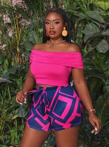 Slaydiva Bộ đồ 2 món hở vai in họa tiết hoa Slayr cỡ lớn, mùa hè - Màu Hồng Tươi - Xem 3