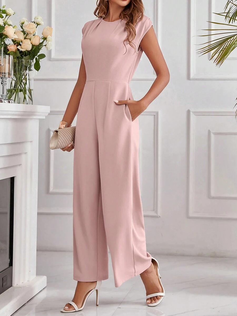 SHEIN Clasi Einfarbiger Rundhalsausschnitt Plissierten Weites Bein Jumpsuit Mit Schrägen Taschen
