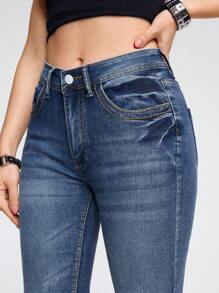 ROMWE Grunge Punk Cat Whisker Washed Flare Leg Jeans, School - Blue - View 5