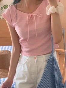 DAZY 女款純色領領帶細節 T 卹 - 粉色 - 查看 5