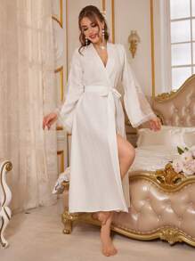 Crystal Vow Lace Spliced Bowknot Decorated Flare Sleeve Long Robe White Robe Women's Robe, Fall, Winter - White - View 5