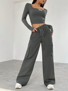 SHEIN EZwear Letter Patchwork Square Collar Slim Fit T-Shirt And Cargo Pants