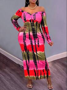 Maweii Plus Tie Dye Off Shoulder Dress - Multicolor - View 3