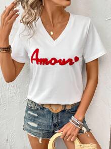SHEIN Frenchy T-shirt À Manches Courtes En Velours À Col En V Avec Impression De Lettre - Blanc - Voir 5