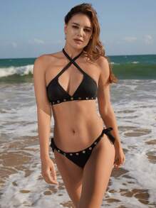 SHEIN Swim Conjunto de bikini de mujer con cuello de halter cruzado y decoración de epidermis de maíz para verano