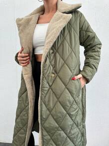 SHEIN Cottnline Women's Solid Color Long -padded Jacket With Zipper Closure And Stand Collar - Lime Green - View 5