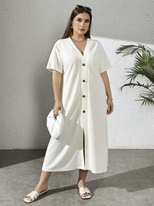 SHEIN Essnce Women's Plus Size Comfortable And Casual Apricot Long Dresses With Decorative Button, Slit, V-Neck - Apricot - View 1