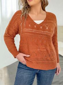 EMERY ROSE Plus 1pc Pointelle Knit Drop Shoulder Sweater - Burnt Orange - View 5