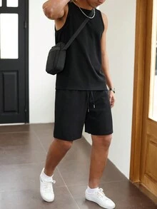 Manfinity Homme Men's Solid Color Round Neck Tank Top And Drawstring Waist Shorts Set - Black - View 5