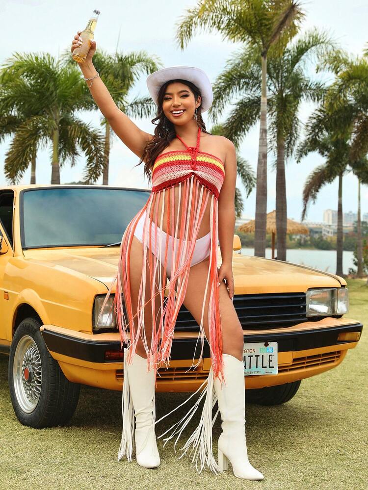 Summer Plus Size Color Block Fringe Hem Halter Cover Up