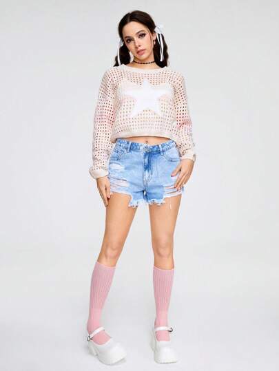 Kawaii Jersey De Manga Larga Con Cuello Redondo Para Mujer Con Patrón De Estrella De Degradado De Color Y Estilo Hueco
