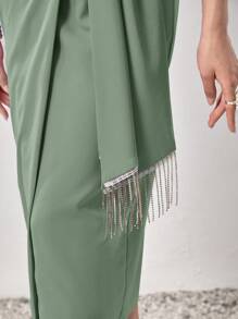 Modelyn Solid Lapel Collar Puff Sleeve Fringe Hem Wrap Knot Dress - Green - View 5