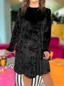 Celure 大尺碼長袖天鵝絨連衣裙 - 黑色 - 查看 1