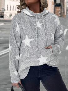 EMERY ROSE Plus Size Women Jacquard Star Pattern Kangaroo Pocket Casual Loose Knitted Pullover Sweater, Autumn/Winter - Grey - View 1