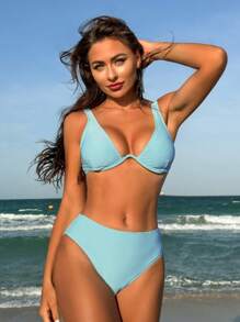 Swim Vcay Women's Plain Ribbed Bikini Set Summer Beach - Blue - View 2