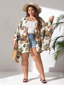 SHEIN CURVE+ Plus Size Loose Floral Print Beach Vacation Front Open Cardigan - Multicolor - View 6