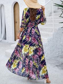 PoPoHouse 女士优雅浪漫碎花腰带夏季连衣裙，沙滩度假女士套装 - 寶藍色 - 查看 2