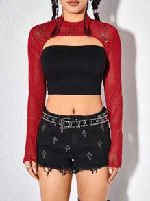 ROMWE Avant Gothic Rock Punk Style Sheer Mesh Sleeveless Top With Metallic Rings Decor - Red - View 5