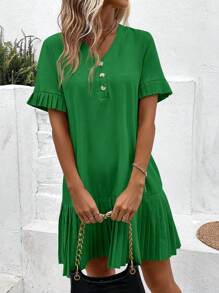 SHEIN LUNE Màu thuần Đầm Với Viền xếp Và Nút Chi tiết - màu xanh lá - Xem 4