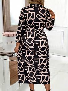 SHEIN LUNE 加大码全印花系腰带衬衫裙长款女装 - 彩色 - 查看 2