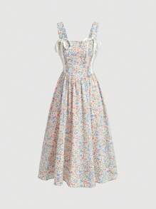 SHEIN MOD Của phụ nữ In hoa Nơ thắt Eo Váy có thắt lưng - Màu xanh lam - Xem 1
