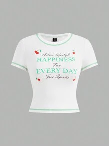 SHEINNeu Niềm vui Dopamine Mùa vụ T Áo sơ mi Mùa hè NỮ Quần áo - trắng - Xem 3