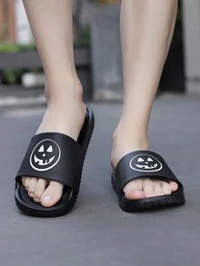 Men's Casual Open Toe Summer Slippers, Simple Black Color With Cartoon Ghosts Printed Contrast Color Eva Fashion Slides - Black - View 6