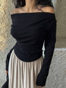 DAZY 露肩修身褶饰长袖T恤，秋季女装 - 黑色 - 查看 1