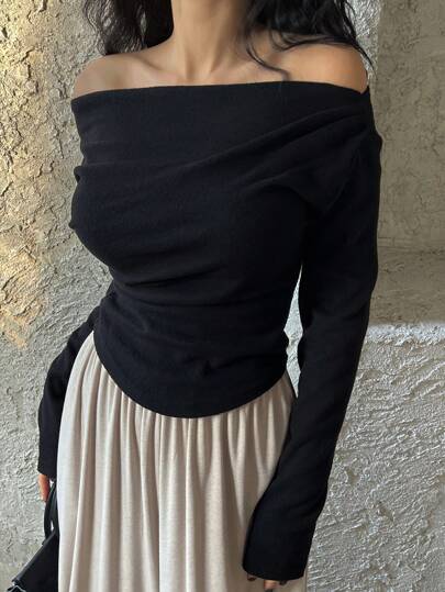 DAZY Off Shoulder Slim Fit Ruched Long Sleeve T-Shirt,Fall Women Clothes