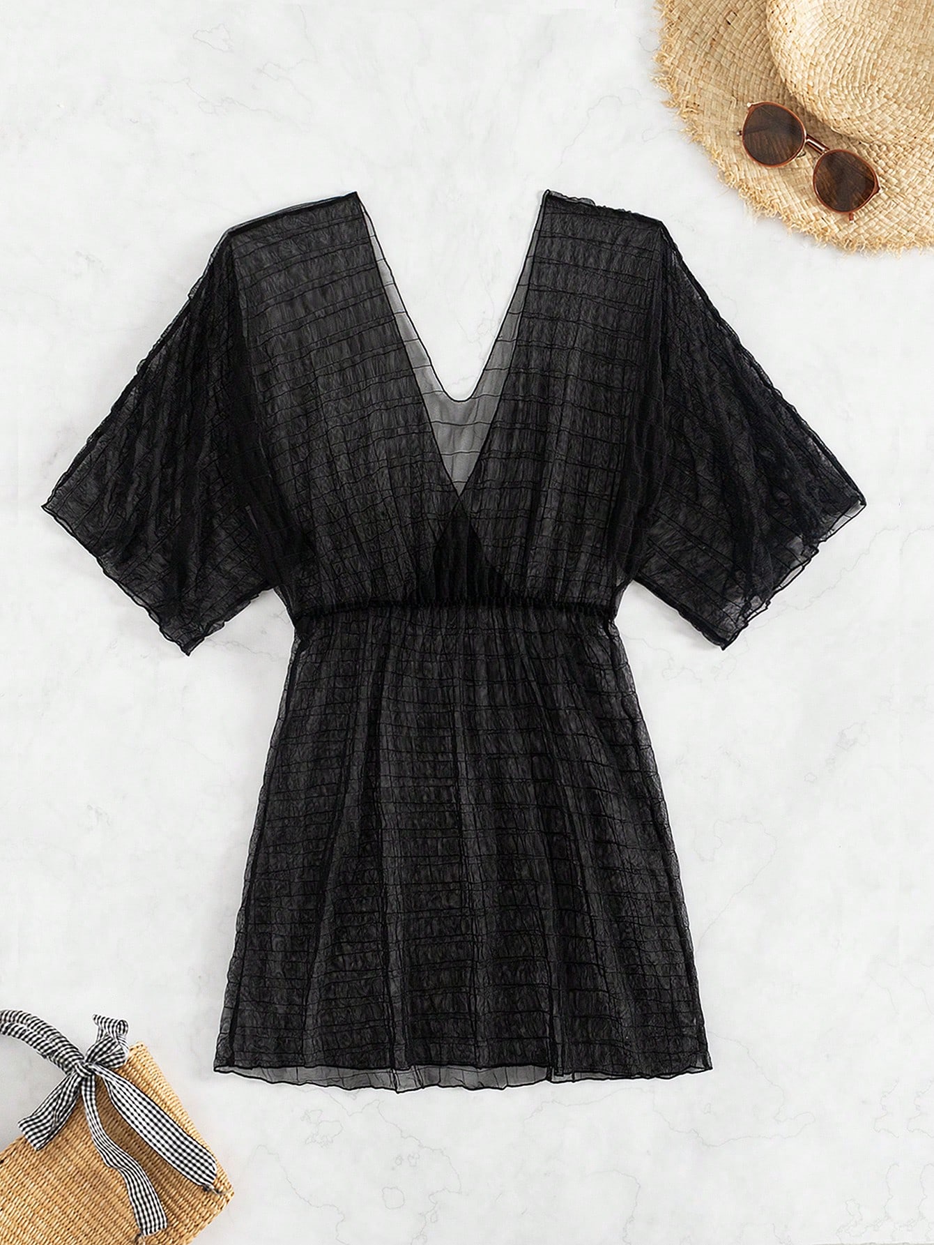 SHEIN Swim BAE Women Sexy VNeck Mesh Sheer Short Sleeve CoverUp Dress